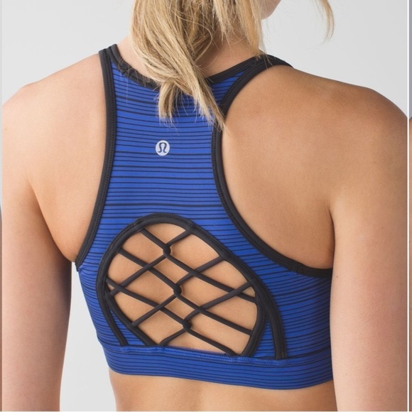 Lululemon Sweaty Or Not Sports Bra Racerback Blue Black Strappy Cut Out - Picture 1 of 13